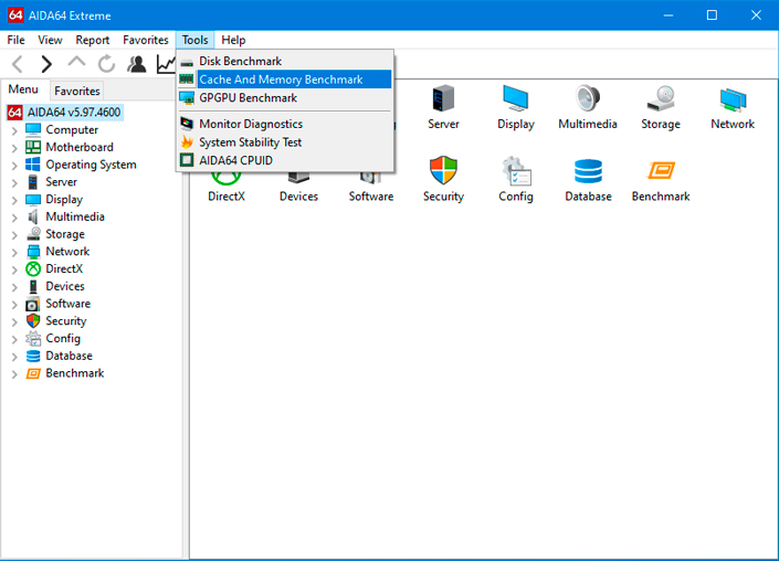 The Cache and Memory Benchmark tab