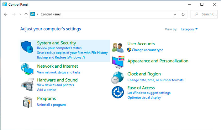 System and Security window