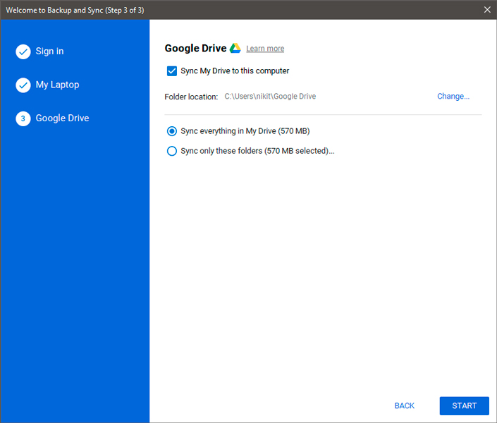 google drive backup and sync choose folder